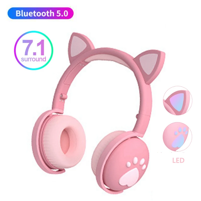

7.1 Flash LED Cut Cat Bluetooth wireless headphone with Mic Phone Music Headset наушники безпроводные Girl Stereo Bass Helmet
