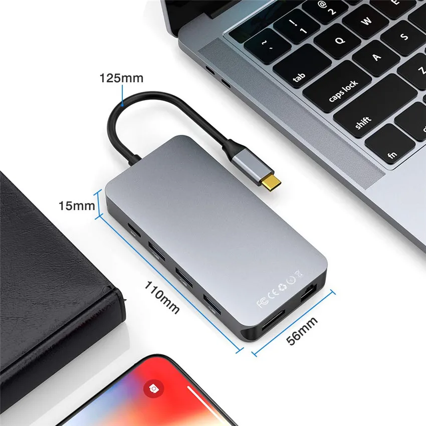 Конвертер Thunderbolt 3 type C USB C hdmi 4K 30 Гц USB3.0 концентратор Micro SD/TF кардридер RJ45 1000 Мбит/с PD зарядным адаптером