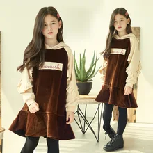 Зимние платья для девочек; Новинка года; бархатные плотные модные платья в стиле пэчворк для маленьких девочек; свободное Повседневное платье для девочек