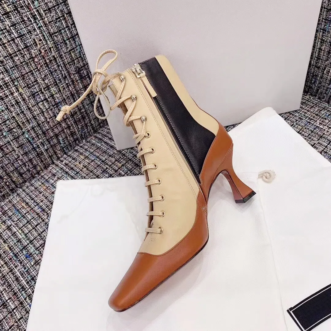 

19 New-style net red wind color tie-up square-headed women's shoes show thin high heel leather boots