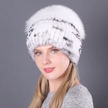 

Winter Fur Hat for Women Real Rex Rabbit Fur Hats With Fox Fur Flower Knitted Beanies Caps New High-end Women Fur Cap