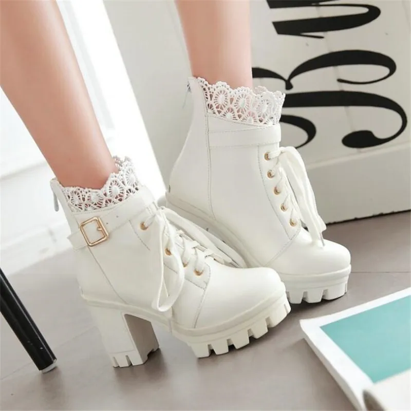 

winter New pattern High-heeled Coarse heel Martin boots Frenulum Waterproof Thick bottom Large code white Women Boots 34-43