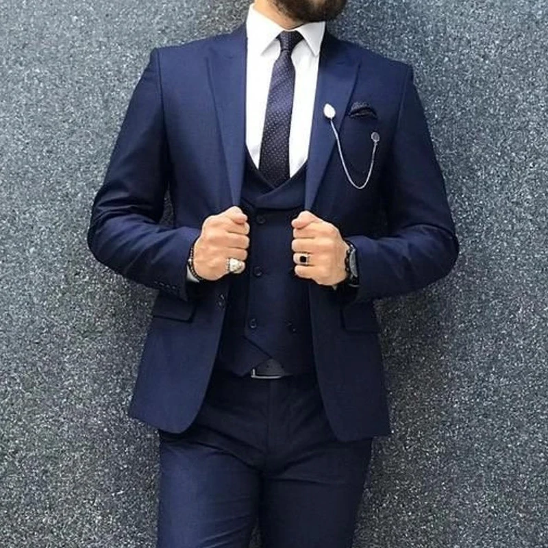 

Slim Fit Formal Men Suits with Double Breasted Waistcoat Navy Blue Male Fashion Jacket Pants 3 Piece Wedding Tuxedo for Groom