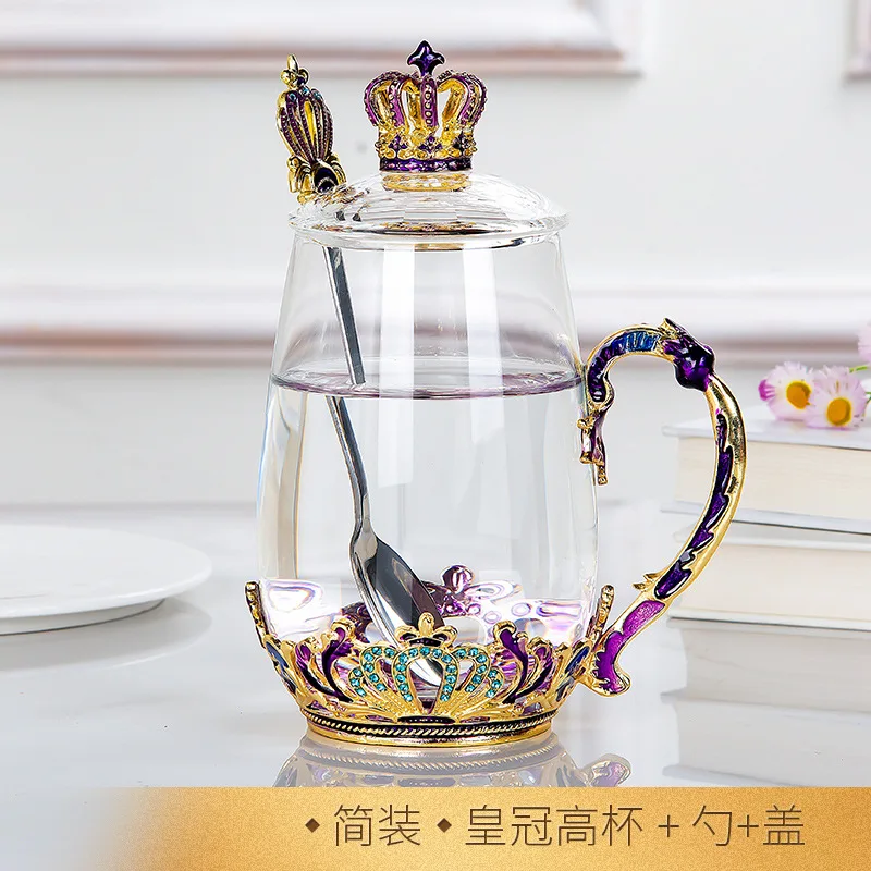 H-spoon lid Европейская Корона, эмалированная чашка, роскошная Подарочная коробка, набор стеклянных стаканчиков для воды, высокое качество, подарок, новинка, чайная бутылка, стеклянная бутылка для воды - Цвет: H-spoon lid