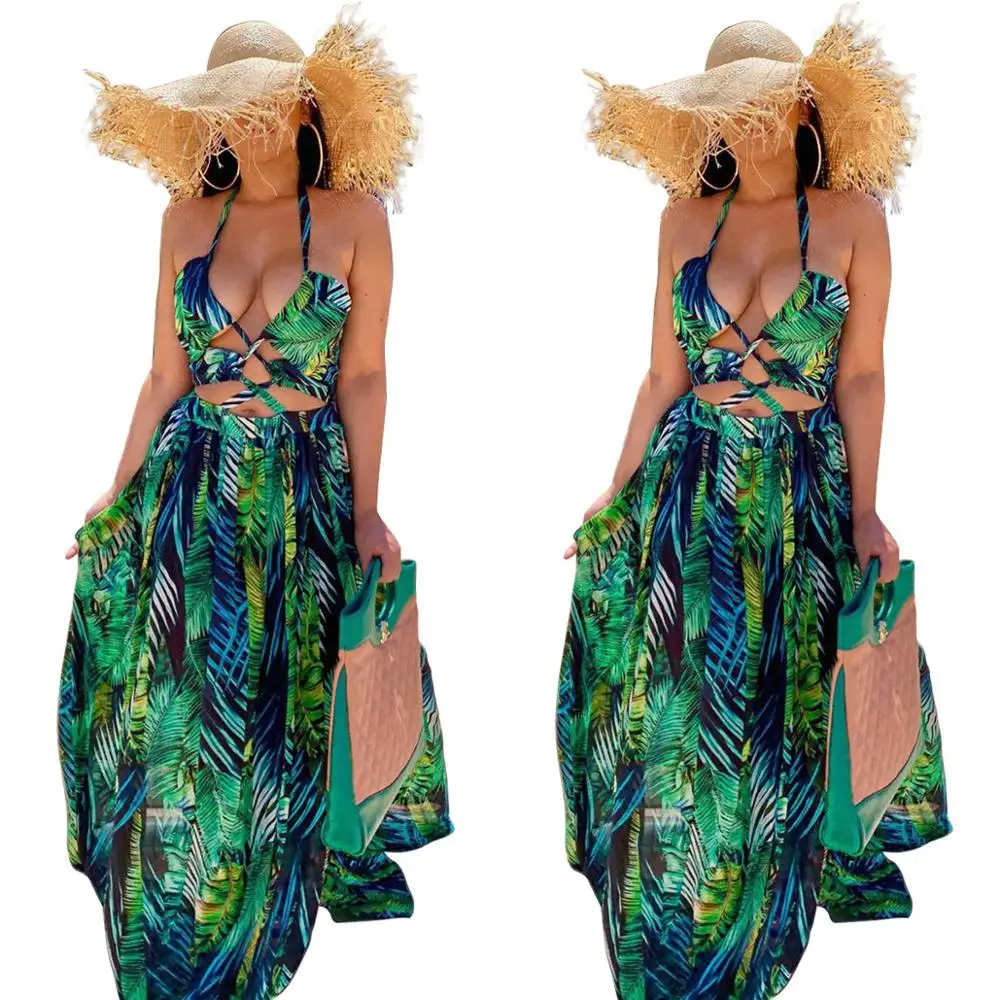 Stigende Women Bohemian Palm Leaf Maxi Dress Sexy High Split Backless Halter Dress Casual Sleeveless Bandage Green Long Dress