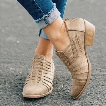 

Women Boots Comfortable Casual Low Woman Square Heels Breathable Zip Plus Size Female Shoes 2020 Spring Autumn