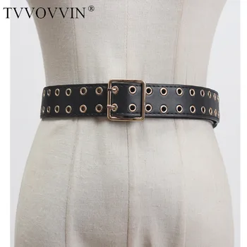 

loose Pu Leather double buckle Black Hollow Out Split Long Wide Belt Personality Women Fashion All-match Spring 2020 4SV1