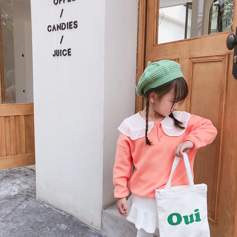 Autumn cute splicing doll collar long sleeve sweatshirts for girls kids cotton casual all-match Tops clothes