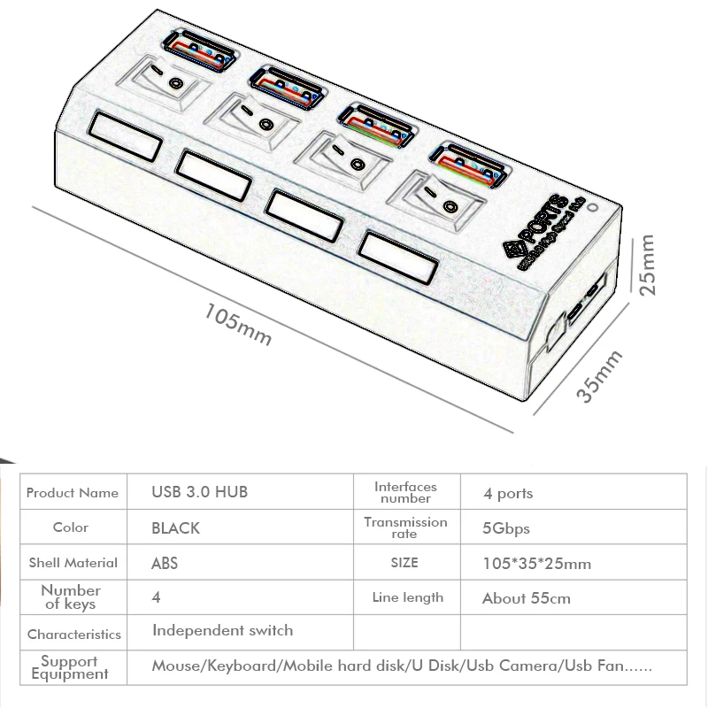 USB 3,0 концентратор 4 порта микро usb-хаб высокоскоростной с переключателем USB разветвитель usb 3 хаб с адаптером питания для ПК Аксессуары USB Hab