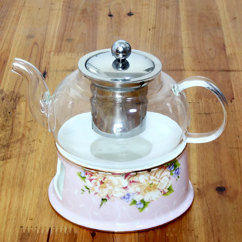 

Glass Teapot with Stainless Steel Filter Ceramic Tea Warmer Base Suit Bone China Flower Tea Pot Heat-resisting Glass Teaset