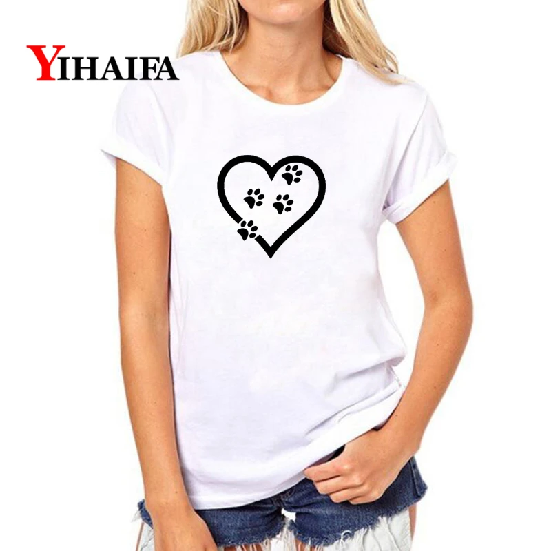 

YIHAIFA New Summer Women T-shirt Funny Love footprint Print Graphics Tee Casual White Shirts Pullover Tops