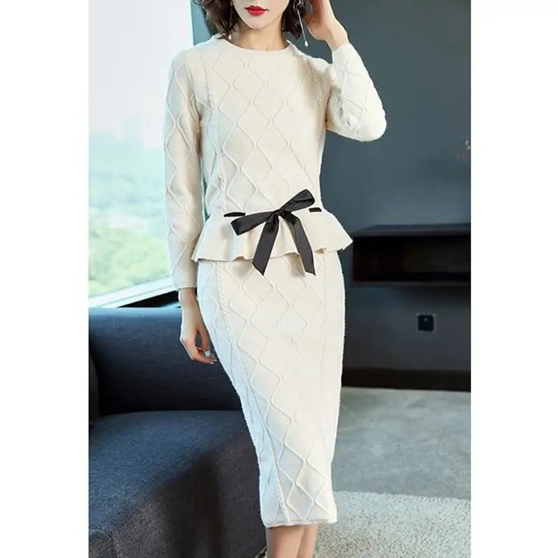 Вязаный комплект из 2 предметов Женский пуловер свитер и вязаные юбки облегающий