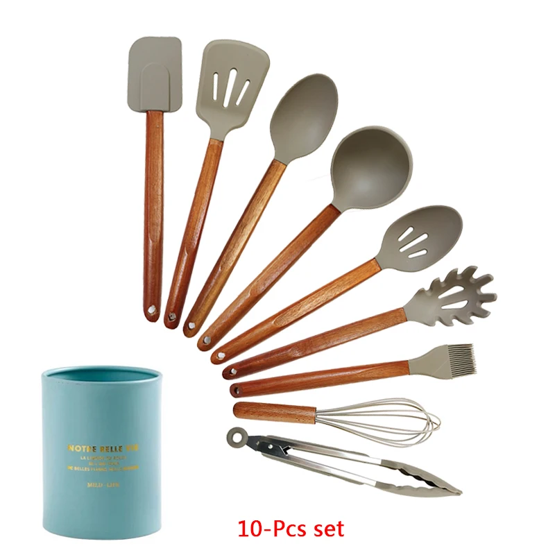 10-pcs kitchen set 6/9/12 шт Кухня посуда набор Акация деревянная ручка Силиконовая Пособия по кулинарии посуда с антипригарным покрытием металлическая кулинарная лопатка инструменты Кухня аксессуары - Цвет: 10-pcs kitchen set