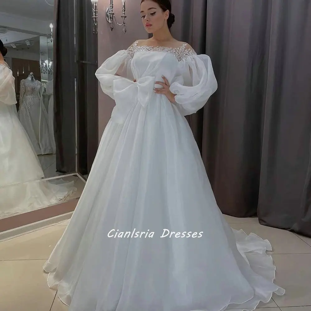 

Simple Organza Illusion O-Neck Dubai Ball Gown Wedding Dresses Long Puff Sleeve Appliques Lace Bow Saudi Arabic Bridal Gowns