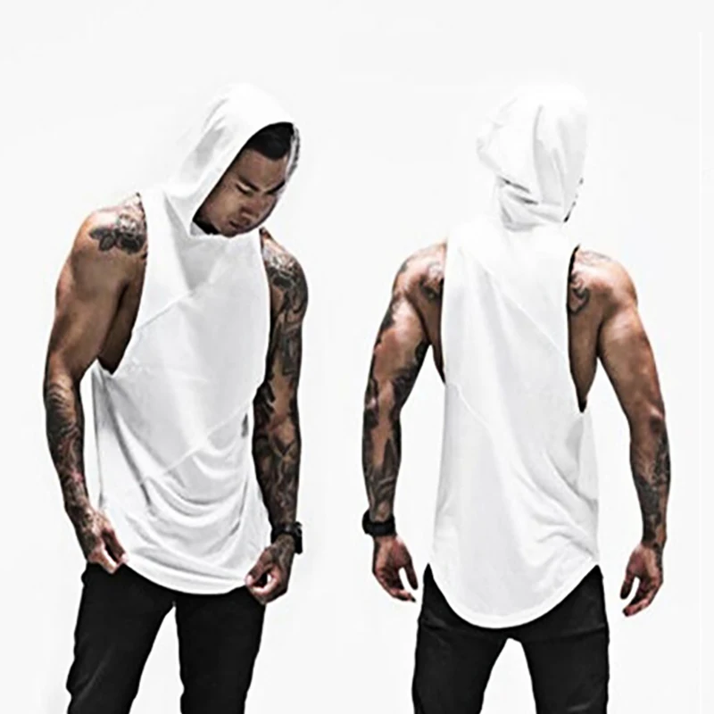 

Solid Color Sleeveless Shirt with hoody Patchwork Gym Clothing Fitness Men Bodybuilding Stringer Tank Tops Hoodies Singlets