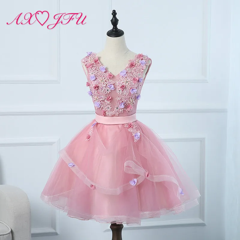 

AXJFU princess pink lace flower bride evening dress vintage v neck sleeveless beading flower host short pink evening dress