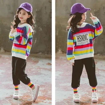 

2pcs Baby Infant Girls Kids Rainbow Clothes Set Long Sleeve Hooded Coat Pants Outfits Clothes Set 3-12Y