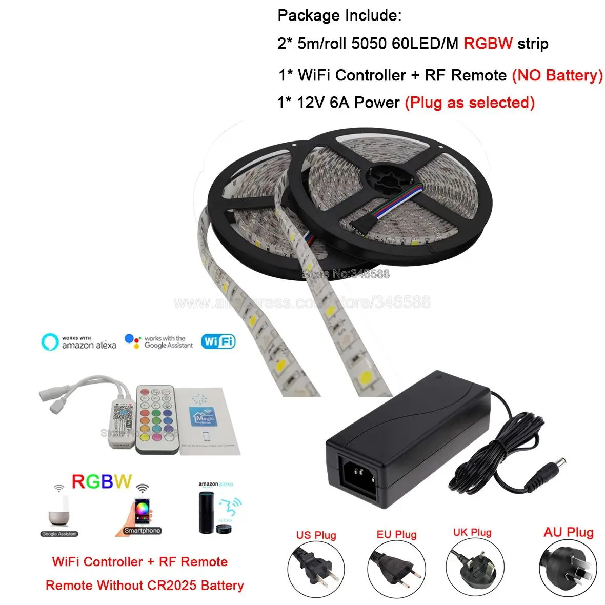 US $13.98 12V DC 5050 RGBW LED Strip 5M 10M 15M Color Changeable Flexible LED Strip Remote WiFi APP Alexa Google Voice Control Power