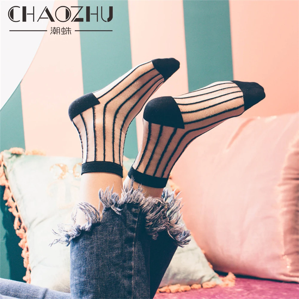 CHAOZHU летний модный стиль черно-белые геометрические решетки точка вертикальные полосы для женщин Кристалл прозрачный тюль тонкие носки