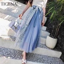 Женская длинная юбка из тюля и кружева TIGENA, плиссированная юбка с высокой талией и бантом на поясе