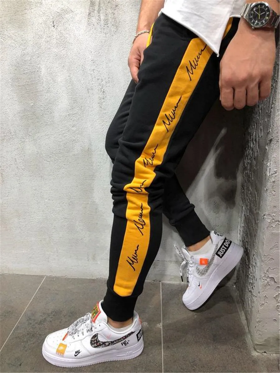 black and yellow FRMARO/ весенние мужские штаны в стиле пэчворк, бодибилдинг, спортивные костюмы, Повседневная брендовая одежда, обтягивающие хлопковые брюки, фитнес бегун, спортивные штаны - Цвет: black and yellow
