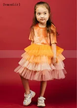 Orange Velvet Tulle Flower Girl Dress Half Sleeve O Neck Tiered Skirt Baby Girl Birthday Party Gowns