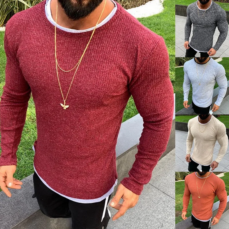 Wenyujh Men's Autumn Slim Fit Pullover Sweater New Long Sleeve Knitted Lightweight Crew Neck Sweater Solid Casual Sweater