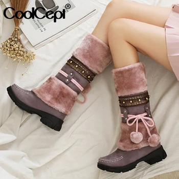 

CoolCept Fashion Bohemia Snow Boots Woman High Heels Plush Fur Inside Warm Winter Shoes Women Platform Knee High Botas Size35-43