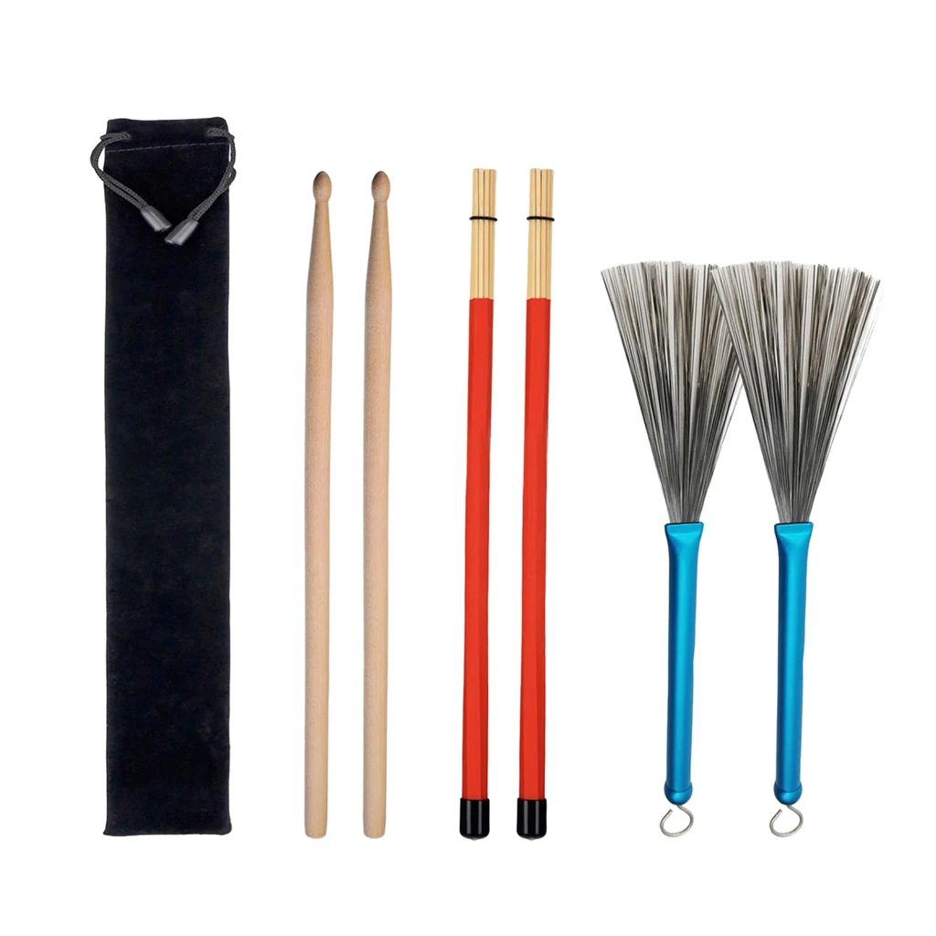 Drum Wooden Drumsticks + Wire Brushes + Rod Brush Sticks W/ Flannelette Bag