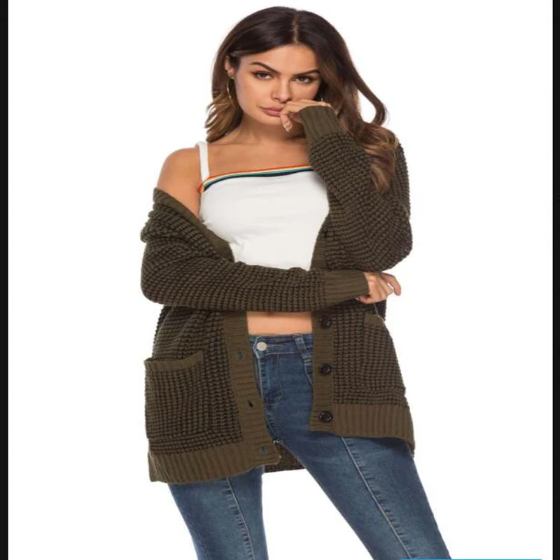 army green sweater Babbytoro женский кардиган свитер вязаный v-образный вырез свободный карман X-mas Свитера Плюс Размер XL S коричневый красный армейский зеленый пальто - Цвет: army green sweater