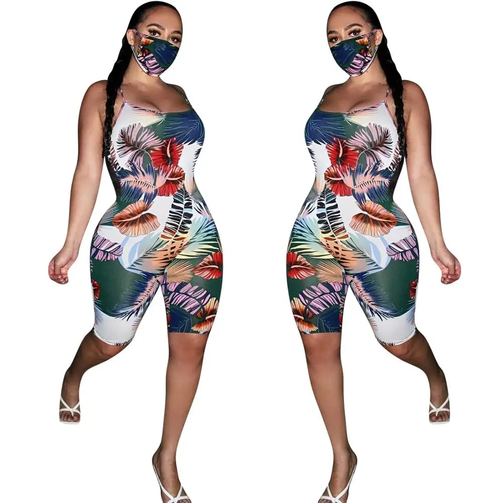 

2020 Women Leaf Print Spaghetti Strap Knee Length Short Jumpsuit Romper Bodysuit Night Party Playsuit One Piece Outfits No Mask