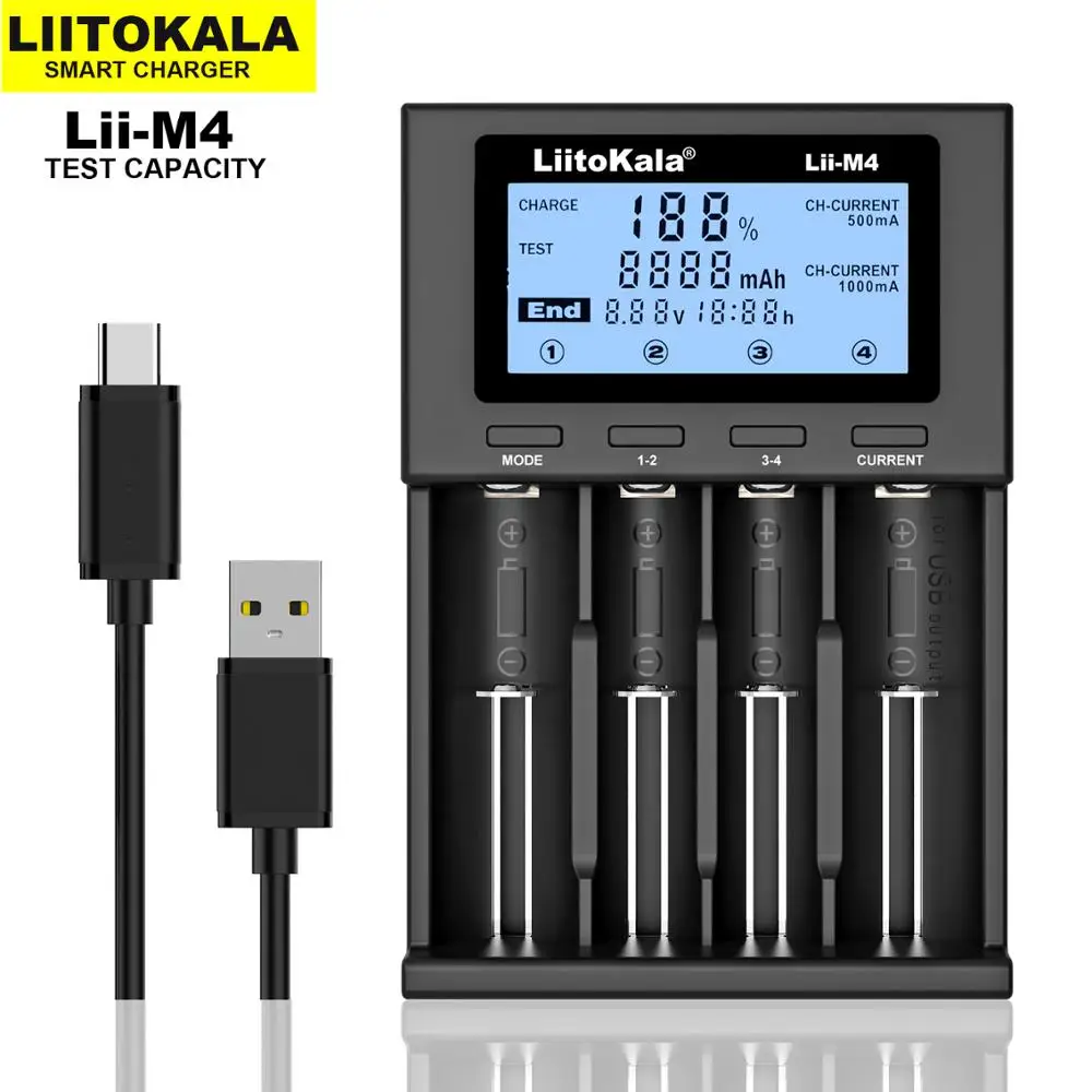 

2020 LiitoKala Lii-M4 18650 Charger LCD Display Universal Smart Charger Test capacity for Li-ion Ni-MH 18650 26650 AA AAA etc