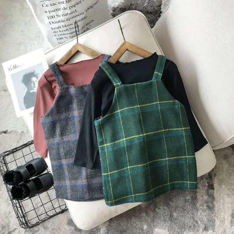 

TGirls Clothing Autumn Children Baby Girl Long Sleeve Round Neck Solid Print Blouse Strap Plaid Short Skirts Casual Outfits Set