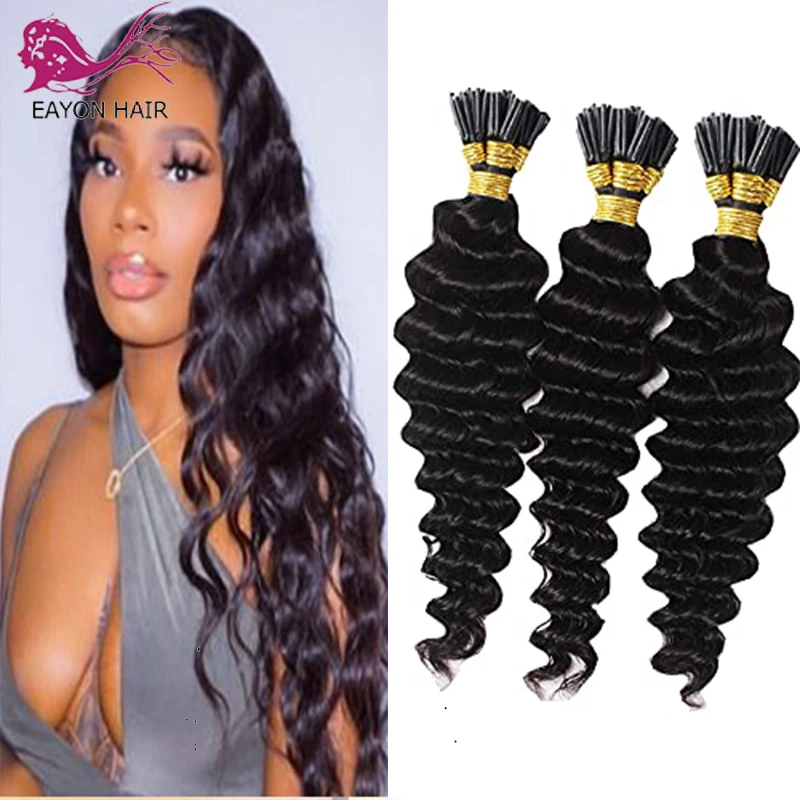

30inch Long Deep Wave I Tip Hair Extensions 100 Strands Human Hair Bundles Fusion Keratin Bonded Wave Hair Natural Color #27/#30
