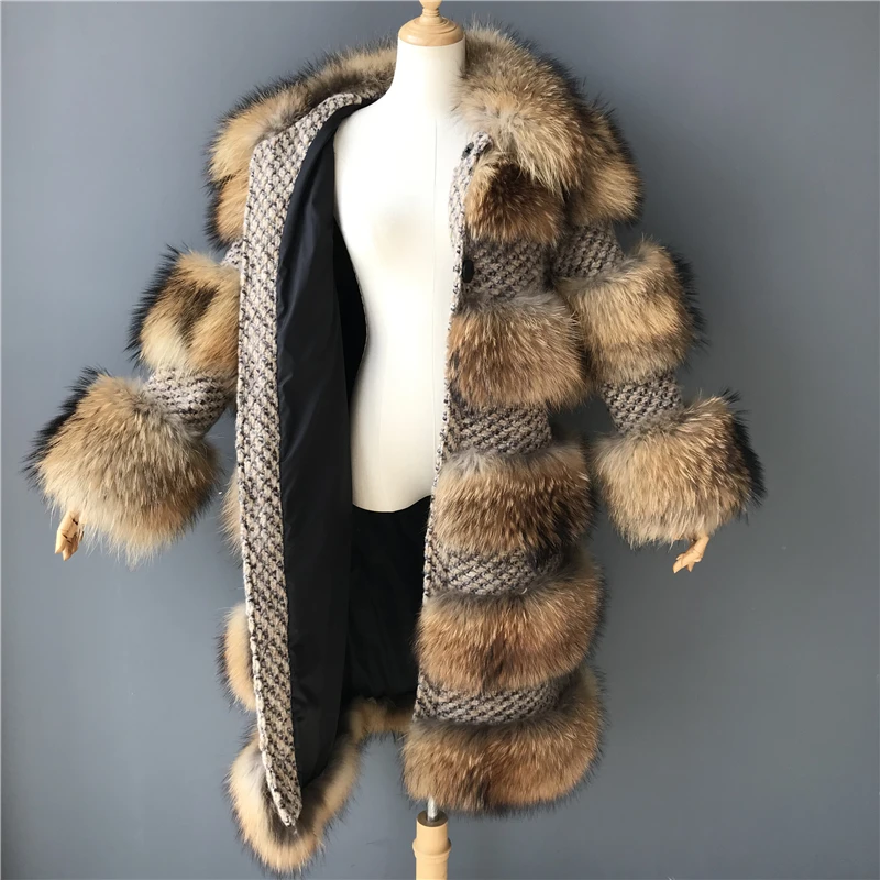 Новое поступление, Женское зимнее пальто из натурального меха енота, пушистая Меховая куртка с шерстью, вязаная женская шуба