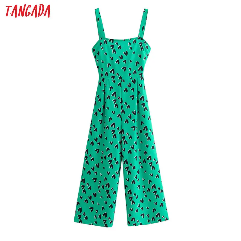 Tangada Women summer green heart print long jumpsuit Sleeveless backless bow female sexy beach Jumpsuit 1F113 Tangada Women summer green heart print long jumpsuit Sleeveless backless bow female sexy beach Jumpsuit 1F113