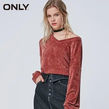 Только зима v-образным вырезом Падение плеча чистый цвет короткий свободный крой пуловер толстовки Толстовка | 11919S584