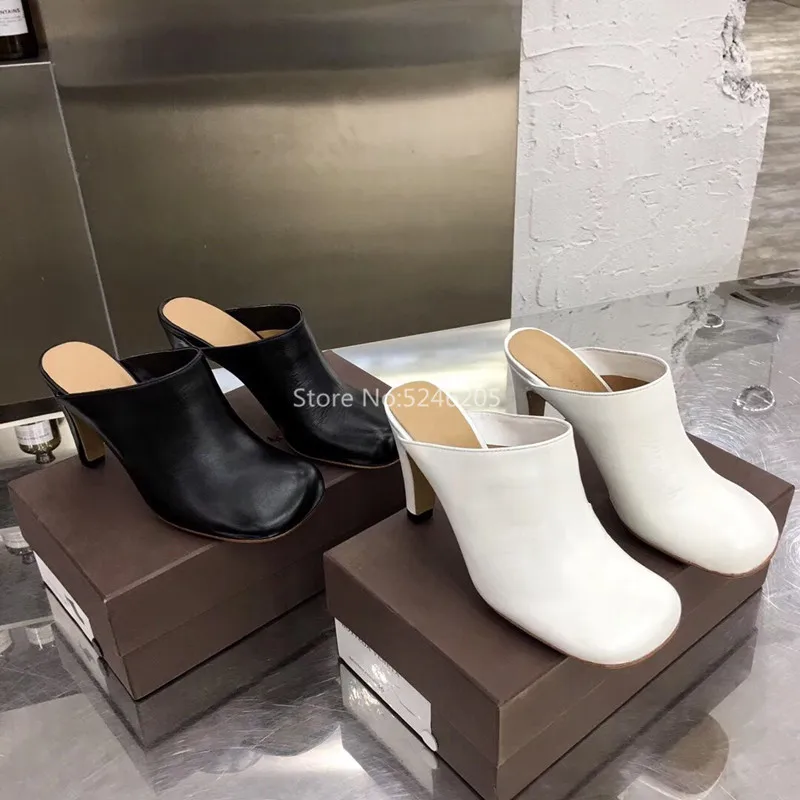 Sandalias Mujer Square Toe High Heels Mules Summer Autumn Soft Genuine Leather Shoes Woman Sandals Casual Shoes