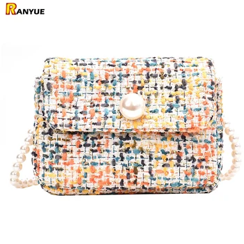

Winter New Messenger Bag Women Bag Knitting Plaid Shoulder Bags Ladies Pearl Straps Mini Small Bag Colorful Weave Crossbody Bags