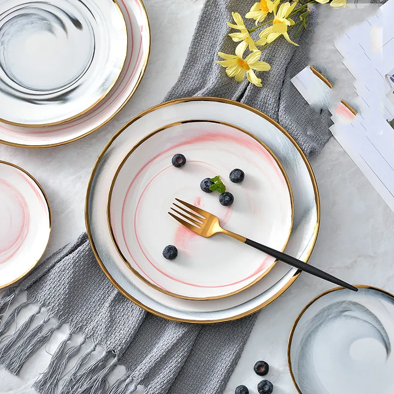 

Nordic Style Ceramic Plate Bowl dish Ceramic Western Plate Marble Daily Plate Tableware Cattle Drainage Fruit Plate