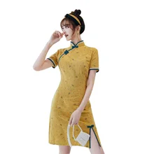 Chino mujeres Mini Qipao verano lindo pequeño corona frontal Split encaje algodón corto Cheongsam Vintage bonito vestido de fiesta