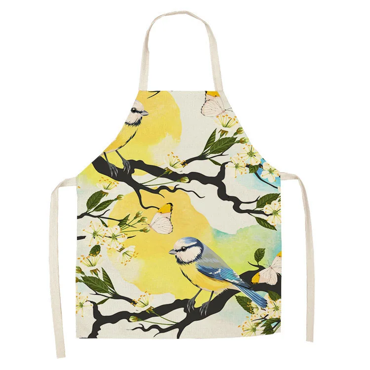 1Pcs Kitchen Cooking Apron Beautiful Flowers Bird Printed Home Sleeveless Cotton Linen Aprons for Men Women Baking Accessories