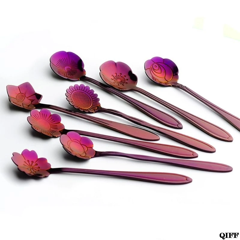 8pcs Steel Teaspoon Rainbow Color for Coffee Tea Mixing Sugar Ice Cream Stir Bar Spoons-8 Diffient Pattern Colorful Cutlery