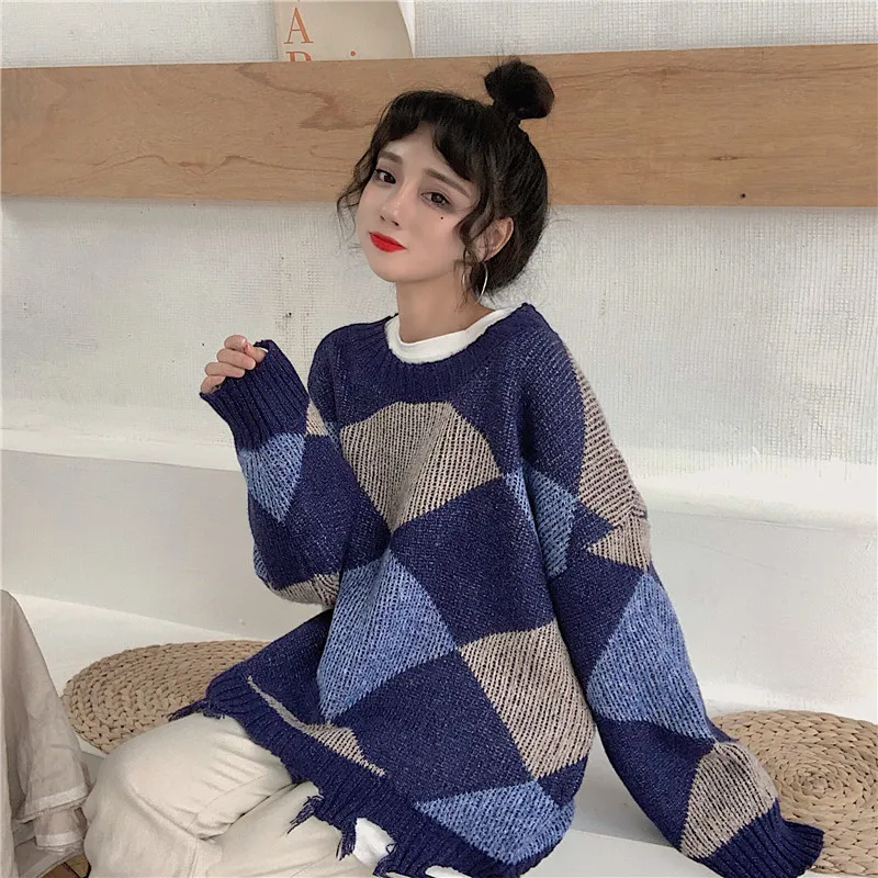 Зимний женский стильный свитер,, Harajuku одежда, женские свитера и пуловеры, Argyle, подходят ко всему, на каждый день, элегантные, теплые