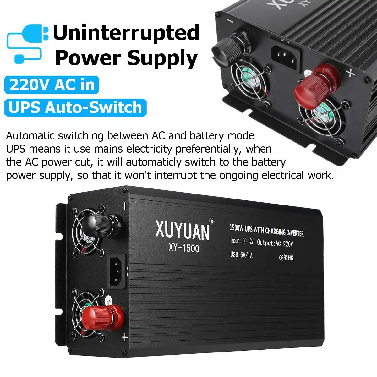 Автомобильный инвертор 12V 220V 1300/1500/1800W верхушкой с UPS Напряжение трансформатор ЖК-монитор Синусоидальная волна Дисплей 12V постоянного тока до 220V Солнечный Мощность инвертор