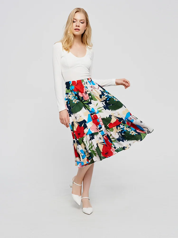 2019 летняя новая стильная юбка с принтом трапециевидная однобортная пляжная юбка средней длины Праздничная юбка с разрезом-1951