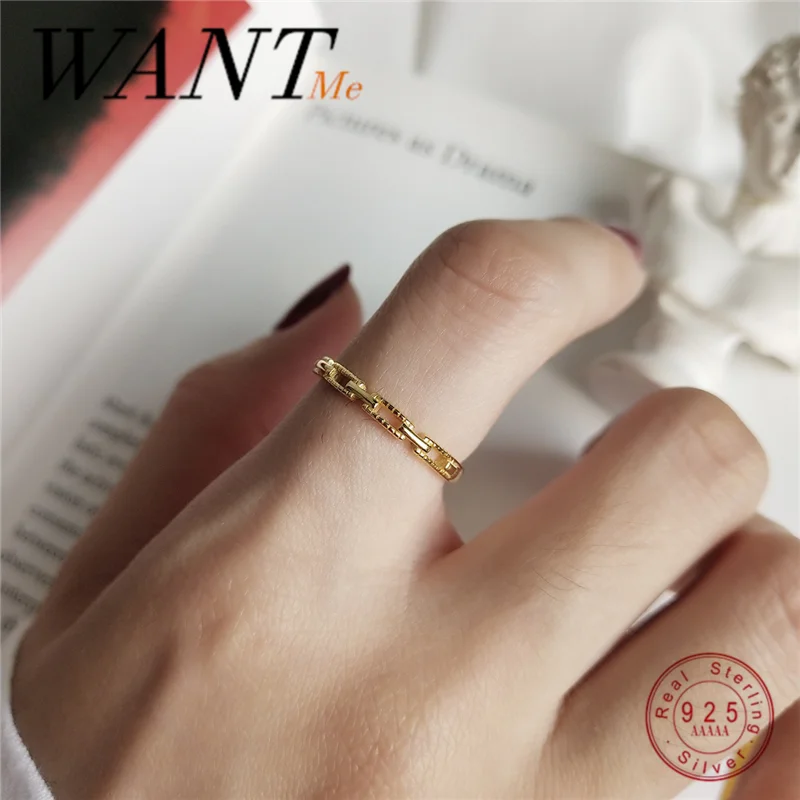 Wantme Fashion Koreański Prawdziwe 100% 925 Sterling Silver Trójwymiarowy Łańcuch Klamra Palec Otwarty Pierścień Dla Kobiet Biżuteria Punkowa Prezent