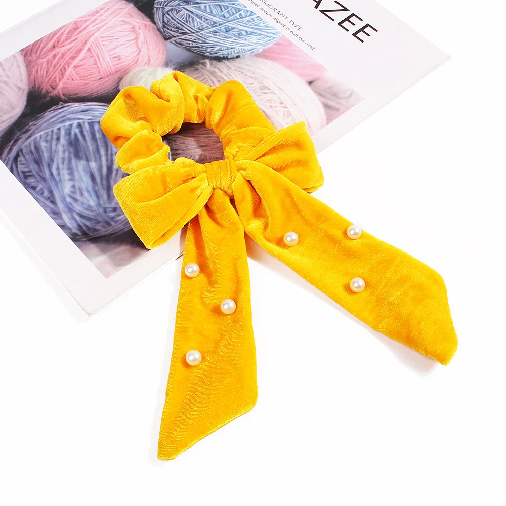 Fashion Women Big Velvet Imitation Pearls Bow Knot Hair Ropes Elegant Ribbon Bow Hair Bands Ponytails Cute Scrunchies Hair Ties