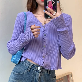 

Women V-Neck Knitted Casual Ruched Short Sweaters Cardigans Lady Knitting Soft Thin Summer Cardigan Outwear for Female