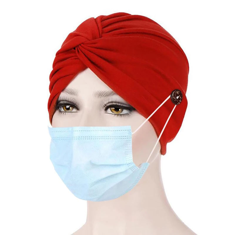 

Muslim Caps Women Turban Hats With Button Bandanas Scarf Solid Hair Hats Twisted Headscarves Head Wrap Elastic India Hat